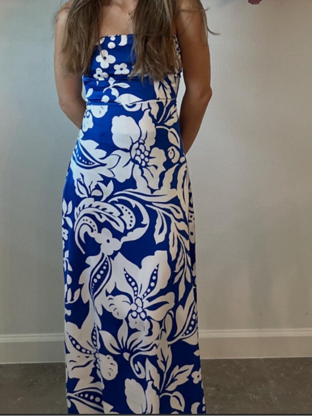 Anthropologie Paper Heart Strapless Blue Floral Maxi Dress Large